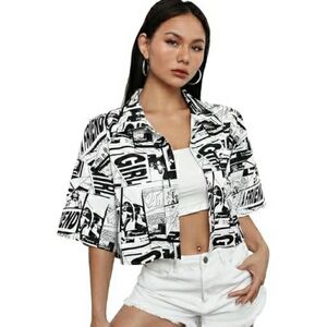 Oversized Button Down Short Sleeve Shirt Textured Collared Crop Top Black /White